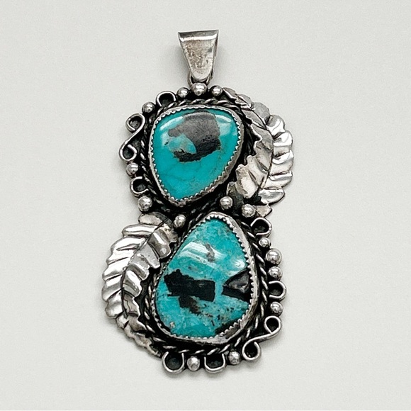 2007 Signed Southwestern Double Turquoise Sterling Silver Pendant